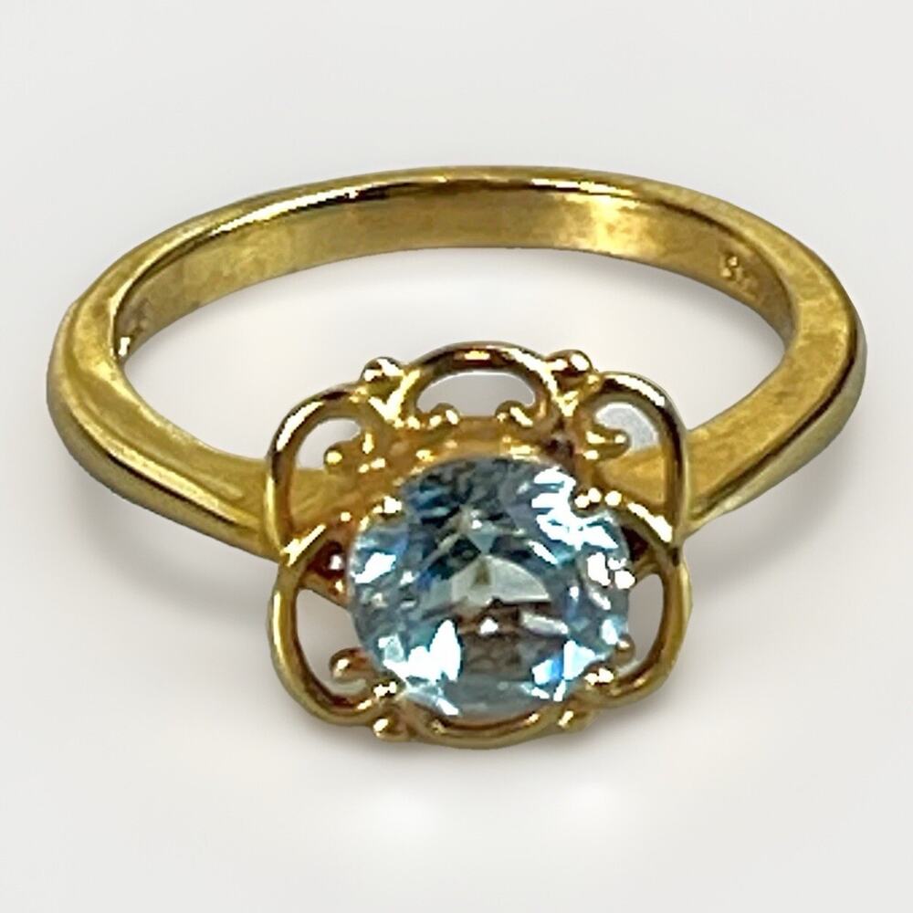 Aquamarine Sterling Silver Vermeil Statement Ring Sz 10- 925 Floral Design- 4.3g